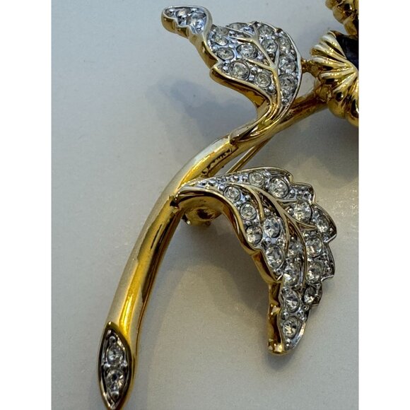 Nolan Miller Flower Brooch Pin Rhinestones Enamel Petals Gold-Tone 2.5 inches - Picture 3 of 7